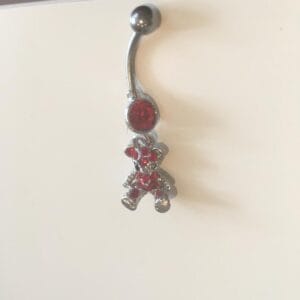 Navelsmycke med hänge - Björn i strass + röda stenar